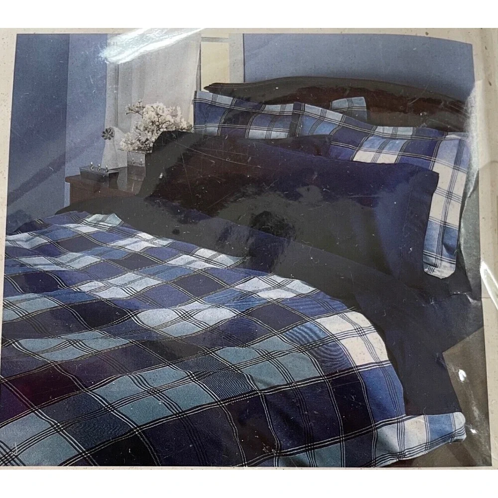VTG Bed Bath & Beyond Full Queen Duvet Cover Blue Plaid 100% Cotton Flannel86x86